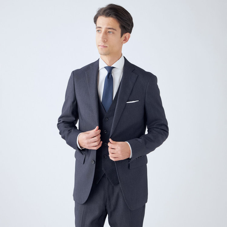 ＪＰ コンフォート 【JOHN PEARSE comfort】【年間】2釦シングルスリーピーススーツ ショートタック/ネイビー/ウエストシャーリング仕様/「ULTRA MOVE」ストレッチ・ウォッシャブル/※裾上げ必要 青中間