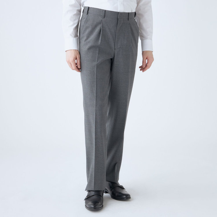 ジョンピアース 【JOHN PEARSE White】【春夏】ウールブレンド 1タックパンツ/グレー×チェック/ウエストムーブ仕様/ULTRA LIGHT SPEC※裾上げ必要 グレー中間