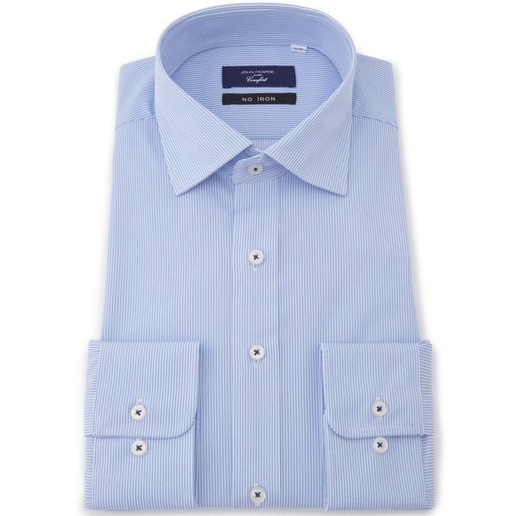 KONAKA　アウトレット 【WEB限定/OUTLET/汚れ・キズ等有】【JOHN PEARSE comfort navy】ワイドカラーワイシャツ/ブルー×ストライプ/ULTRA MOVE「ニット素材」「ノーアイロン」「ストレッチ」「高通気性」 青中間