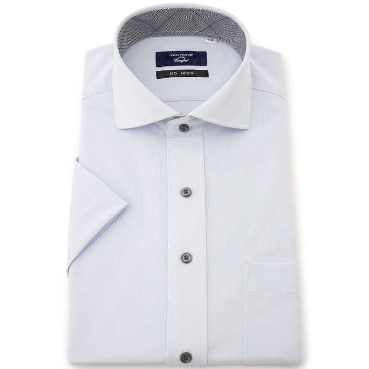 ＪＰ コンフォート 【半袖】【JOHN PEARSE comfort navy】ホリゾンタルワイドカラーワイシャツ/サックス/襟裏別布：チェック/釦：グレー/ULTRA MOVE「ニット素材」「ノーアイロン」「ストレッチ」「高通気性」 青淡色