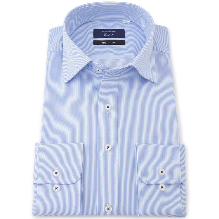 KONAKA　アウトレット 【WEB限定/OUTLET/汚れ・キズ等有】【JOHN PEARSE comfort navy】ワイドカラーワイシャツ/ブルー×ストライプ/ULTRA MOVE「ニット素材」「ノーアイロン」「ストレッチ」「高通気性」 青中間