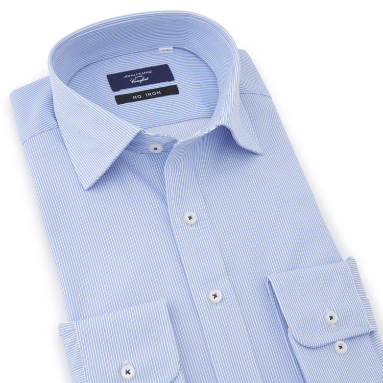 KONAKA　アウトレット 【WEB限定/OUTLET/汚れ・キズ等有】【JOHN PEARSE comfort navy】ワイドカラーワイシャツ/ブルー×ストライプ/ULTRA MOVE「ニット素材」「ノーアイロン」「ストレッチ」「高通気性」 青中間