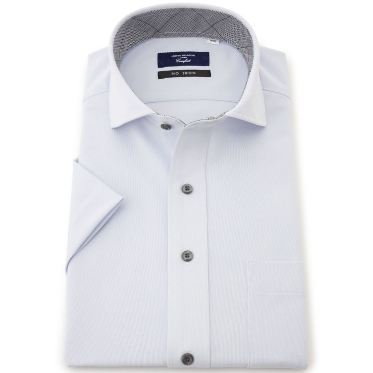 ＪＰ コンフォート 【半袖】【JOHN PEARSE comfort navy】ホリゾンタルワイドカラーワイシャツ/サックス/襟裏別布：チェック/釦：グレー/ULTRA MOVE「ニット素材」「ノーアイロン」「ストレッチ」「高通気性」 青淡色