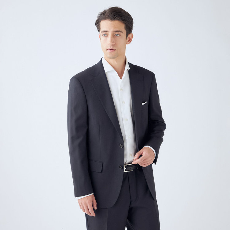 ＫＡＮＳＡＩＭＡＮ 【KANSAIMAN collection】【秋冬】2釦シングルスーツ ショートタック/ネイビー×ストライプ/SHOWER CLEAN/※裾上げ必要 紺中間