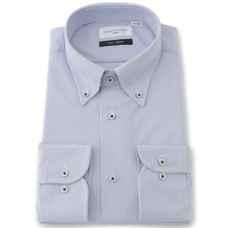 ジョンピアース 【JOHN PEARSE White】【ノーアイロン】ボタンダウンドレスワイシャツ/ブルー×スホワイトトライプ/釦付糸：ネイビー/ULTRA MOVE/ニット素材 青濃色