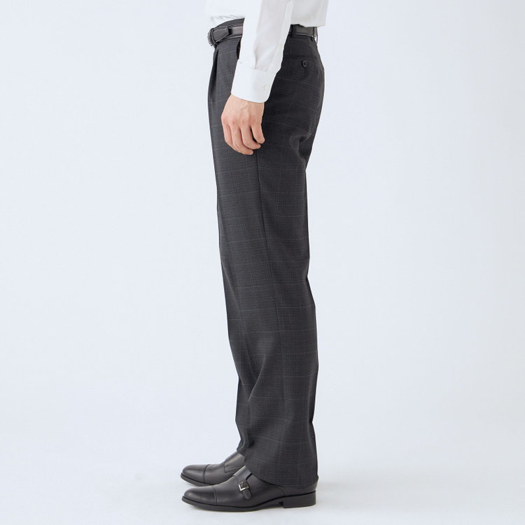 ジョンピアース 【JOHN PEARSE White】【春夏】ウール高機能ポリエステルブレンド 1タックスラックス/グレー×チェック/ウエストムーブ仕様/ULTRA MOVE/裾上げ必要 グレー濃色