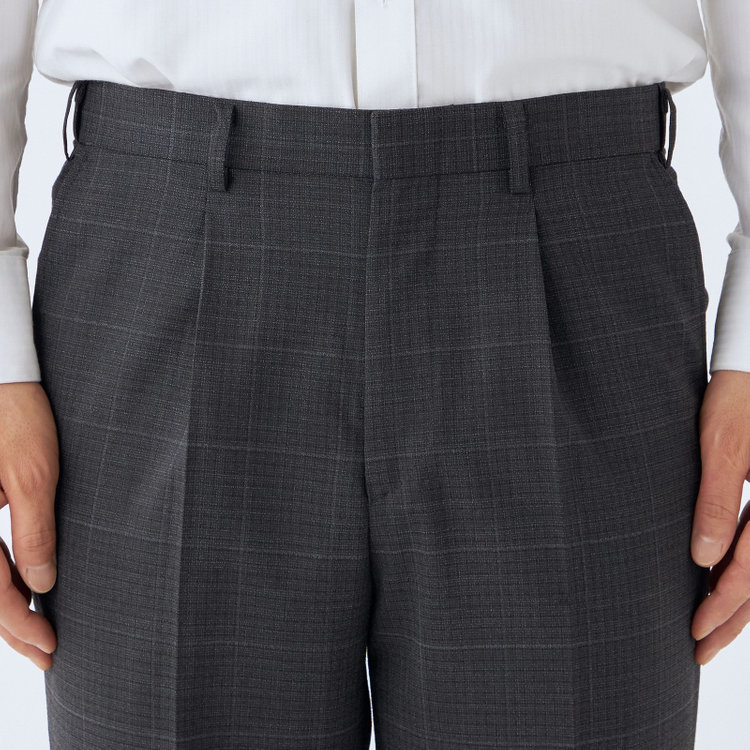 ジョンピアース 【JOHN PEARSE White】【春夏】ウール高機能ポリエステルブレンド 1タックスラックス/グレー×チェック/ウエストムーブ仕様/ULTRA MOVE/裾上げ必要 グレー濃色