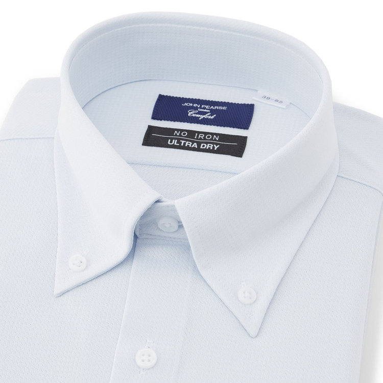 ＪＰコンフォート ネイビー 【JOHN PEARSE comfort navy】ボタンダウンカラーワイシャツ/サックス×ドビー/ULTRA MOVE「ニット素材」「ノーアイロン」「ストレッチ」「高通気性」/ULTRA DRY「吸水速乾」「汗ジミ抑制」 青中間