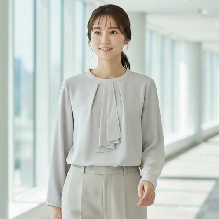english girl by J.P./9分袖】スカーフ風ボウタイブラウス/グレー