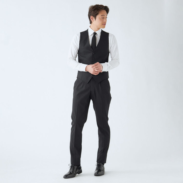 ＪＰ コンフォート 【JOHN PEARSE comfort】【春夏】2釦シングルスリーピーススーツ 1タック/ブラック×シャドーストライプ/ストレッチ/ウエストシャーリング仕様ULTRA MOVE/SHOWER CLEAN/※裾上げ必要 黒
