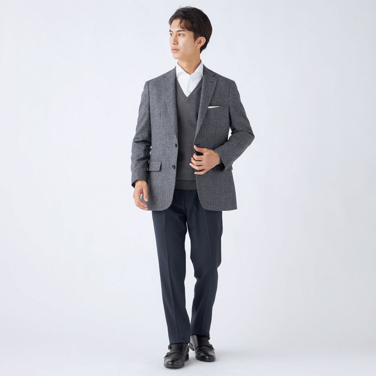 ジョンピアースブラック 【JOHN PEARSE BLACK】【秋冬】ウールブレンド2釦シングルジャケット/グレー×チェック/RE:NEWOOL/「エコナカフタタビ」プロジェクト 紺中間