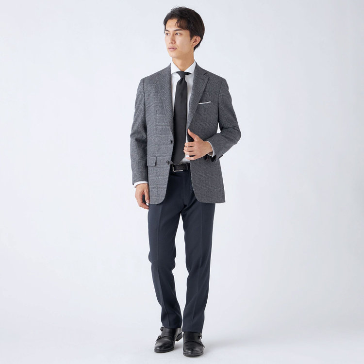 ジョンピアースブラック 【JOHN PEARSE BLACK】【秋冬】ウールブレンド2釦シングルジャケット/グレー×チェック/RE:NEWOOL/「エコナカフタタビ」プロジェクト 紺中間