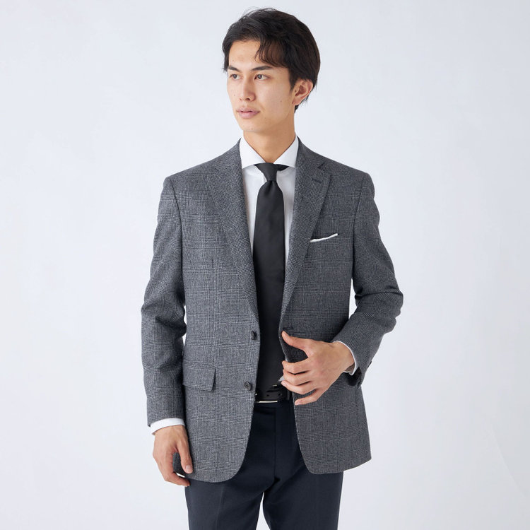 ジョンピアースブラック 【JOHN PEARSE BLACK】【秋冬】ウールブレンド2釦シングルジャケット/グレー×チェック/RE:NEWOOL/「エコナカフタタビ」プロジェクト 紺中間