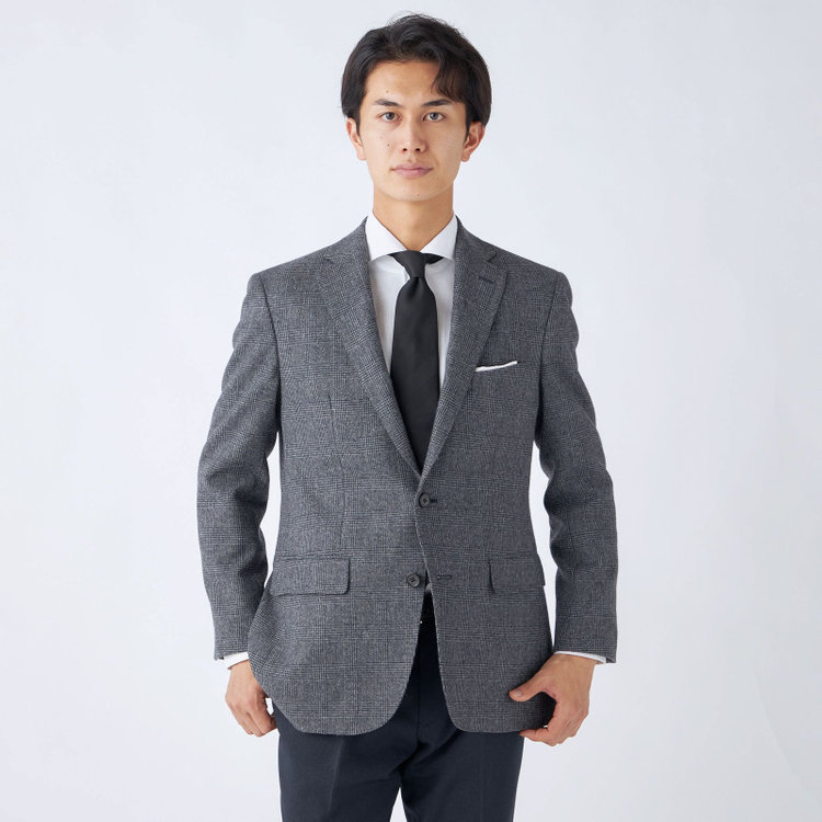 ジョンピアースブラック 【JOHN PEARSE BLACK】【秋冬】ウールブレンド2釦シングルジャケット/グレー×チェック/RE:NEWOOL/「エコナカフタタビ」プロジェクト 紺中間