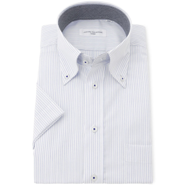 ジョンピアース 【半袖】【JOHN PEARSE White】【形態安定】ボタンダウンドレスシャツ/ホワイト×ネイビーストライプ/襟裏別布/釦付糸：ネイビー/ULTRA BREATH COOL 白