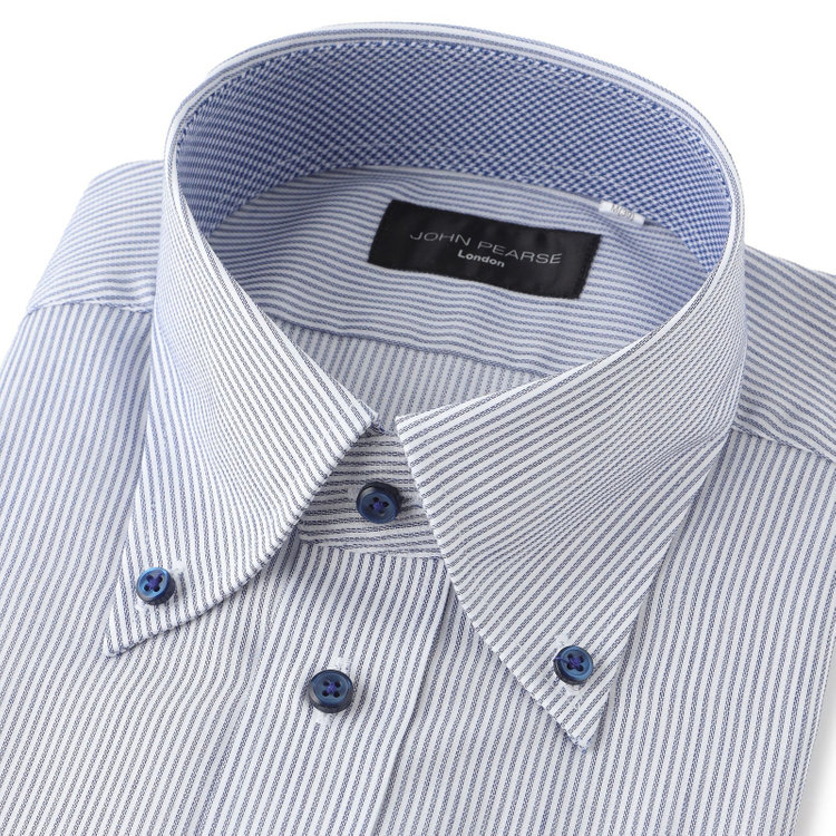 ジョンピアースブラック 【半袖】【JOHN PEARSE Black】【形態安定】ボタンダウンドレスワイシャツ/ネイビー＆ホワイト×ストライプ/襟裏別布/釦.釦付糸：ネイビー/ULTRA BREATH COOL 青中間