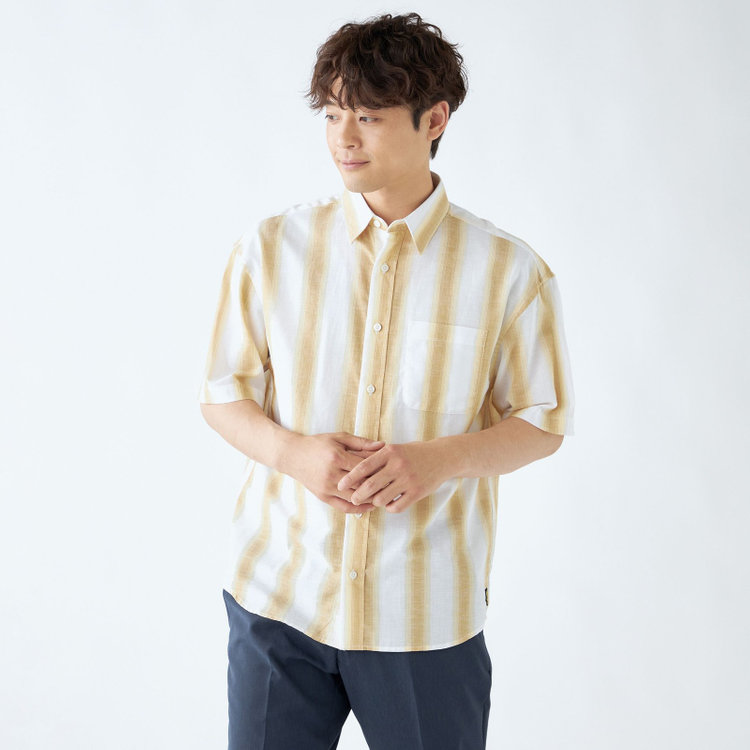 ライル＆スコット 【LYLE&SCOTT】【半袖】レギュラーカラーカジュアルシャツ/イエロー＆ホワイト×ストライプ 黄中間