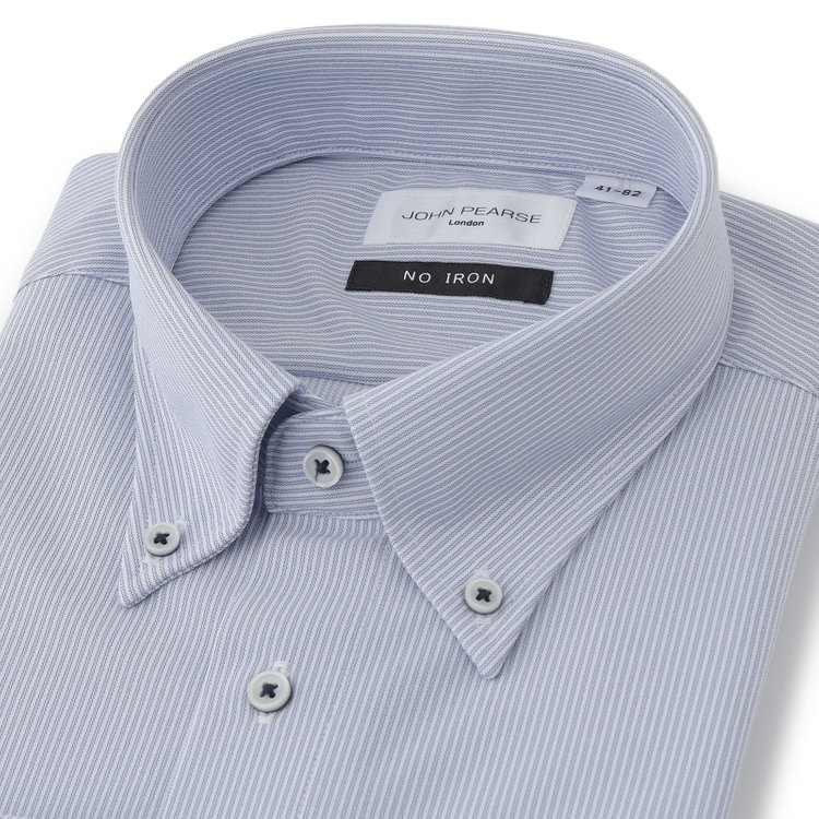 ジョンピアース 【JOHN PEARSE White】【ノーアイロン】ボタンダウンドレスワイシャツ/ブルー×スホワイトトライプ/釦付糸：ネイビー/ULTRA MOVE/ニット素材 青濃色