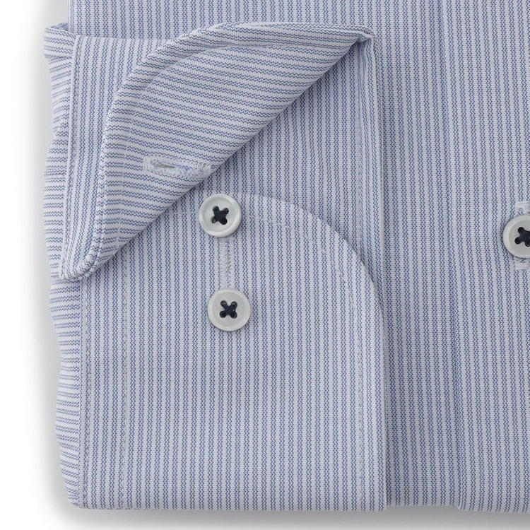 ジョンピアース 【JOHN PEARSE White】【ノーアイロン】ボタンダウンドレスワイシャツ/ブルー×スホワイトトライプ/釦付糸：ネイビー/ULTRA MOVE/ニット素材 青濃色