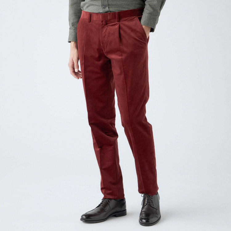 スタンリーブラッカ 【stanley blacker new york】【秋冬】1タックストレッチコーデュロイスラックス/テラコッタ/ウエストシャーリング仕様/※裾上げ必要 赤濃色