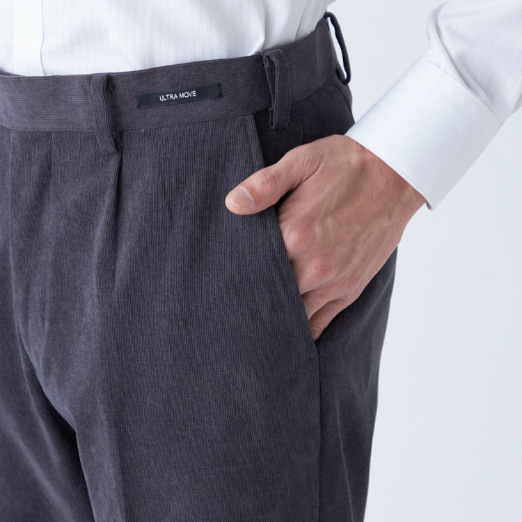 ＪＰ コンフォート 【JOHN PEARSE comfort navy】【秋冬】機能性ポリエステル 1タックパンツ/グレー×コーデュロイ/ウエストムーブ仕様/ULTRA MOVE/※裾上げ必要 グレー中間