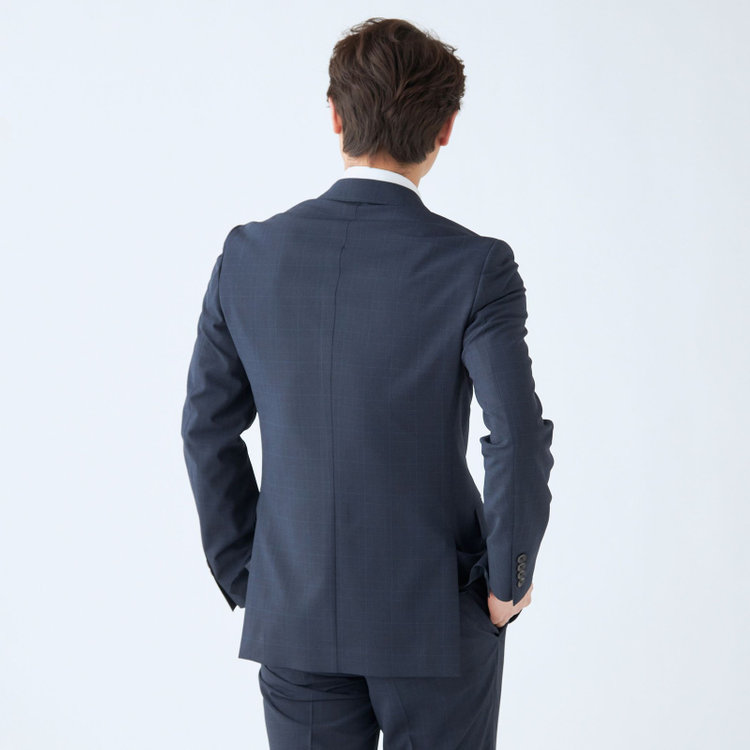 ＪＰ コンフォート 【JOHN PEARSE comfort】【春夏】2釦シングルスーツ ショートタック/ネイビー×チェック/ULTRA MOVE/TRABEST/ウエストシャーリング仕様/ウォッシャブル/ストレッチ/※裾上げ必要 紺中間