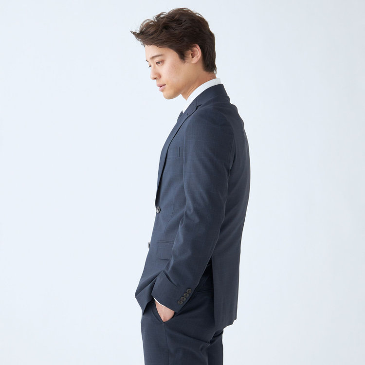ＪＰ コンフォート 【JOHN PEARSE comfort】【春夏】2釦シングルスーツ ショートタック/ネイビー×チェック/ULTRA MOVE/TRABEST/ウエストシャーリング仕様/ウォッシャブル/ストレッチ/※裾上げ必要 紺中間