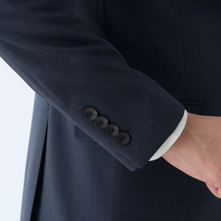 ＪＰ コンフォート 【JOHN PEARSE comfort】【春夏】2釦シングルスーツ ショートタック/ネイビー×チェック/ULTRA MOVE/TRABEST/ウエストシャーリング仕様/ウォッシャブル/ストレッチ/※裾上げ必要 紺中間