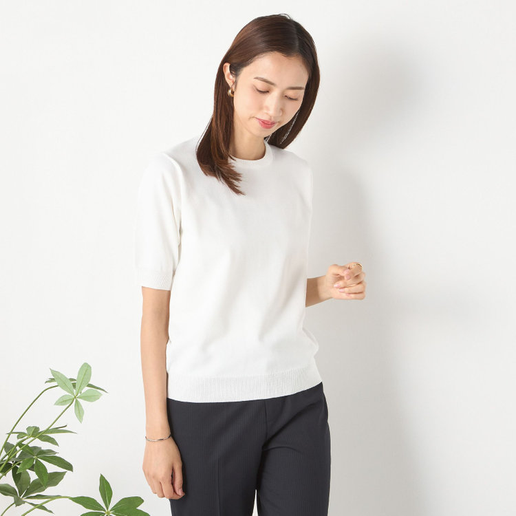 ナチュラル　ビューティー 【NATURAL BEAUTY】【五分袖】クルーネックニット / オフホワイト / UVカット /毛玉レス オフホワイト