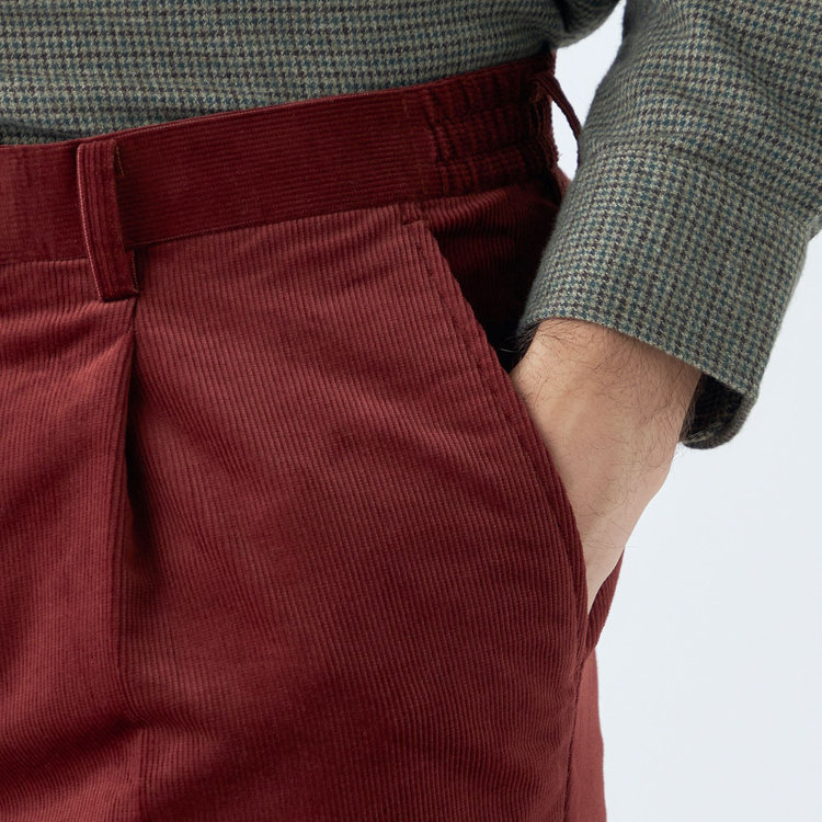 スタンリーブラッカ 【stanley blacker new york】【秋冬】1タックストレッチコーデュロイスラックス/テラコッタ/ウエストシャーリング仕様/※裾上げ必要 赤濃色