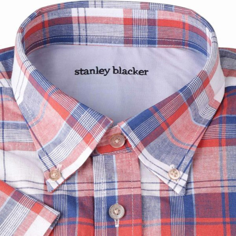 スタンリーブラッカ 【stanley blacker】【半袖】リネンコットンボタンダウンシャツ/ブルー＆ワイン×チェック ブルー系(青)