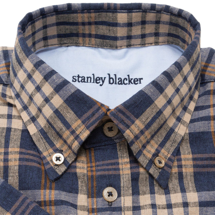 スタンリーブラッカ 【stanley blacker】【半袖】リネンブレンドボタンダウンシャツ/ネイビー＆ブラウン×チェック 茶淡色