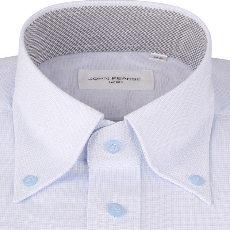 ジョンピアース 【JOHN PEARSE White】【形態安定】ボタンダウンドレスシャツ/ブルー×ドビー/襟袖裏別布：グレー×チェック/ブルー釦/Oil guard ブルー系(青)
