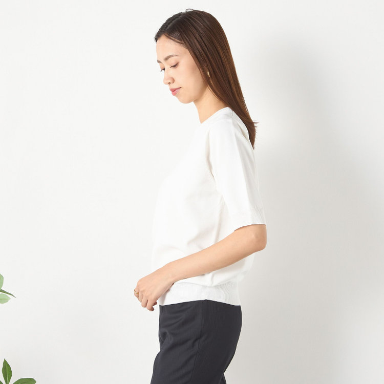 ナチュラル　ビューティー 【NATURAL BEAUTY】【五分袖】クルーネックニット / オフホワイト / UVカット /毛玉レス オフホワイト