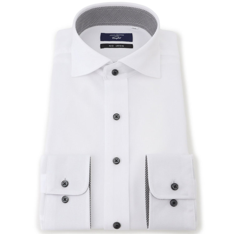 ＪＰコンフォート ネイビー 【JOHN PEARSE comfort navy】ワイドカラーワイシャツ/ホワイト×ドビー/襟袖裏別布：チェック/釦：ブラック/ULTRA MOVE「ニット素材」「ノーアイロン」「ストレッチ」「高通気性」 白