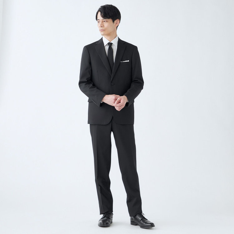 ＫＡＮＳＡＩＭＡＮ 【KANSAIMAN collection Style authentic】【秋冬】スペアパンツ付き/2釦シングルスーツ ショートタック/ブラック×シャドーストライプ/RAIN SUIT 黒