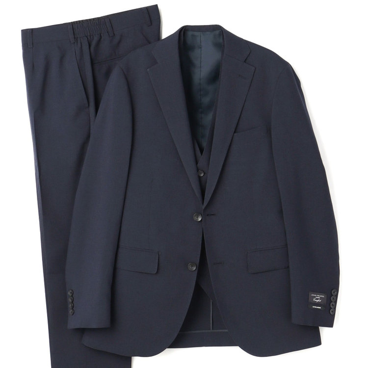 ＪＰ コンフォート 【JOHN PEARSE comfort】【春夏】2釦シングルスリーピーススーツ ショートタック/ネイビー×マイクロチェック/ULTRA MOVE/※裾上げ必要 紺中間