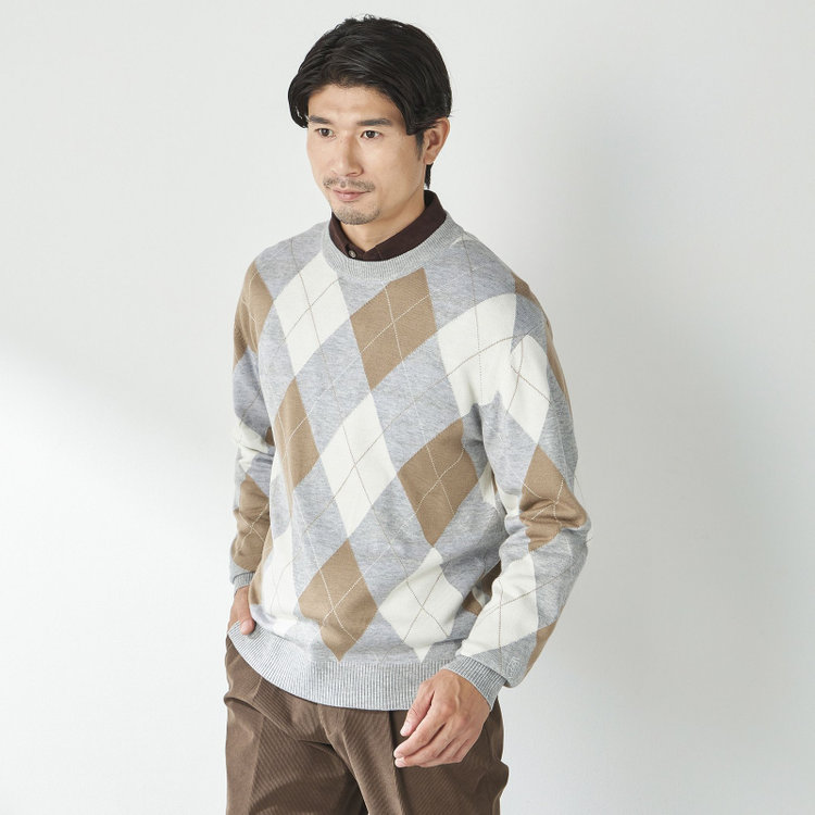 スタンリーブラッカ 【stanley blacker new york】【秋冬】アーガイルクルーネックニット/グレー グレー中間