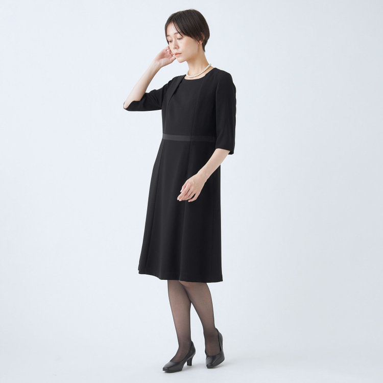 ナチュラル　ビューティー 【NATURAL BEAUTY】【年間】レディースフォーマル/ノーカラーアンサンブル/ウエスト切替5分袖ワンピース 黒