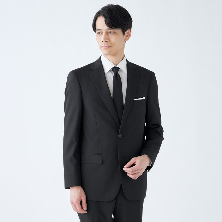 ＫＡＮＳＡＩＭＡＮ 【KANSAIMAN collection Style authentic】【秋冬】スペアパンツ付き/2釦シングルスーツ ショートタック/ブラック×シャドーストライプ/RAIN SUIT 黒