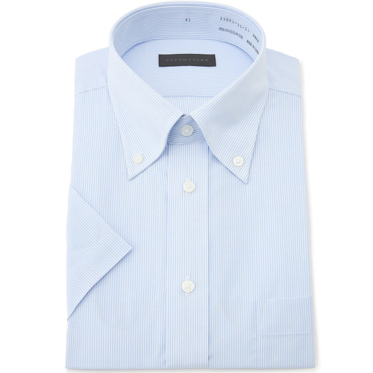 ＤＵＫＥ ＭＯＲＧＡ 【半袖】【DUKEMORGAN】【形態安定】ボタンダウンワイシャツ/ホワイト＆ブルー×ストライプ 青濃色