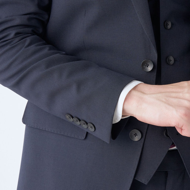 ＪＰ コンフォート 【JOHN PEARSE comfort】【春夏】2釦シングルスリーピーススーツ ショートタック/ネイビー×マイクロチェック/ULTRA MOVE/※裾上げ必要 紺中間