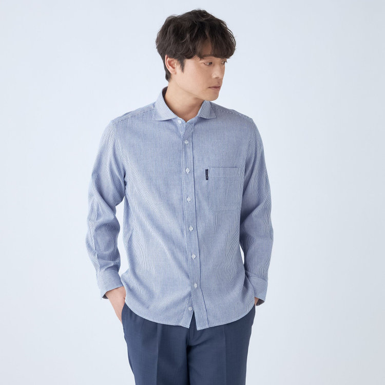 スタンリーブラッカ 【stanley blacker】【長袖】リネンブレンドカッタウェイシャツ/ブルー＆ホワイト×ストライプ 紺淡色