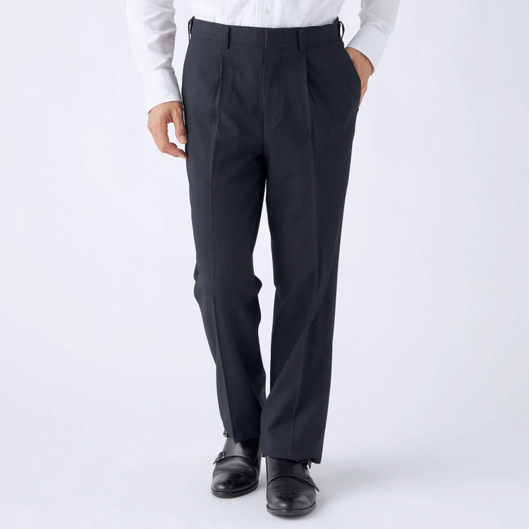 ジョンピアース 【JOHN PEARSE White】【秋冬】高機能ポリエステル 1タックスラックス/ネイビー＆ブラック×ハウンドトゥース/ウエストストレッチ/ULTRA MOVE/裾上げ必要 紺濃色