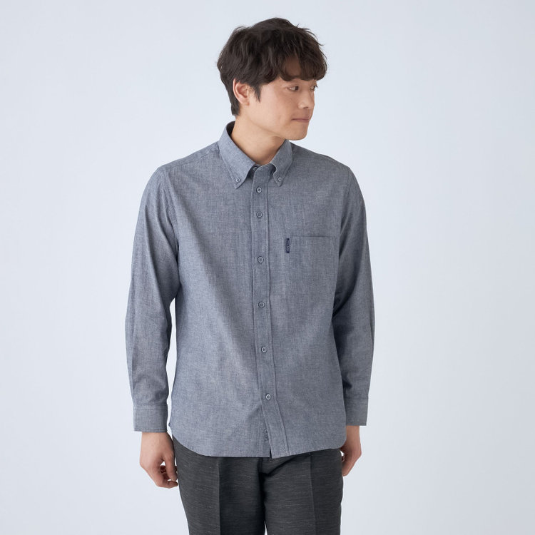 スタンリーブラッカ 【stanley blacker new york】【長袖】リネンブレンドボタンダウンシャツ/ネイビーグレー 紺淡色