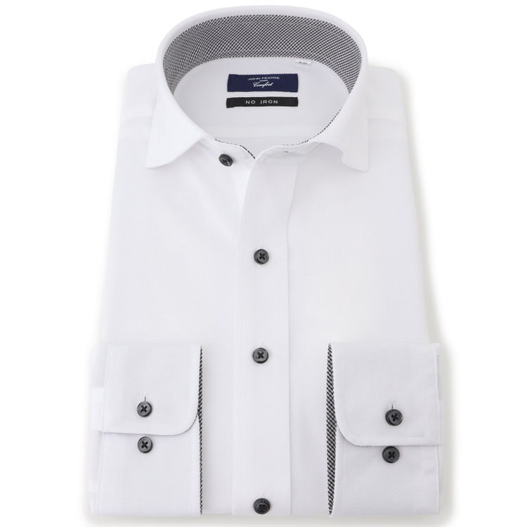 ＪＰコンフォート ネイビー 【JOHN PEARSE comfort navy】ワイドカラーワイシャツ/ホワイト×ドビー/襟袖裏別布：チェック/釦：ブラック/ULTRA MOVE「ニット素材」「ノーアイロン」「ストレッチ」「高通気性」 白