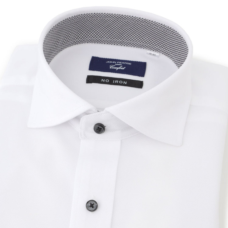 ＪＰコンフォート ネイビー 【JOHN PEARSE comfort navy】ワイドカラーワイシャツ/ホワイト×ドビー/襟袖裏別布：チェック/釦：ブラック/ULTRA MOVE「ニット素材」「ノーアイロン」「ストレッチ」「高通気性」 白