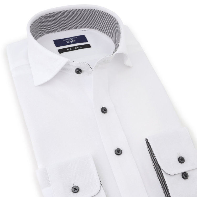 ＪＰコンフォート ネイビー 【JOHN PEARSE comfort navy】ワイドカラーワイシャツ/ホワイト×ドビー/襟袖裏別布：チェック/釦：ブラック/ULTRA MOVE「ニット素材」「ノーアイロン」「ストレッチ」「高通気性」 白