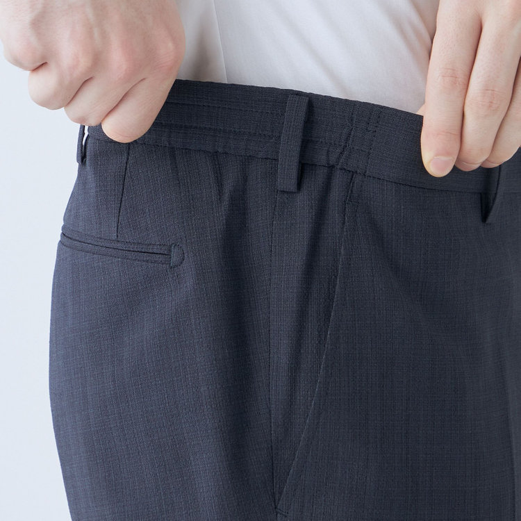 ジョンピアースブラック 【JOHN PEARSE Black SELECT LINE】【春夏】機能性ポリエステル 0タックパンツ/ネイビー/ウエストシャーリング仕様/ULTRA MOVE/※裾上げ必要 紺中間