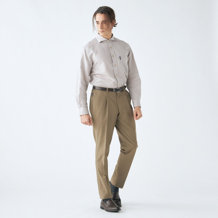 スタンリーブラッカ 【stanley blacker new york】【春夏】1タックテーパードパンツ/カーキ×テックコットンストレッチ/ウエストシャーリング仕様/※裾上げ必要 緑淡色